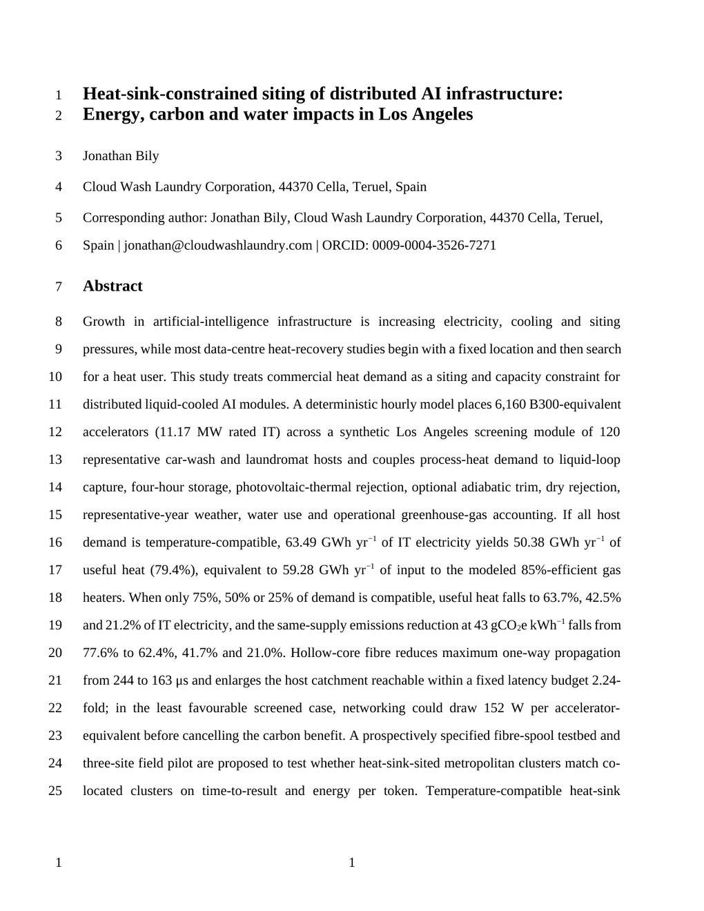 First page of the current heat-sink-constrained distributed AI infrastructure manuscript